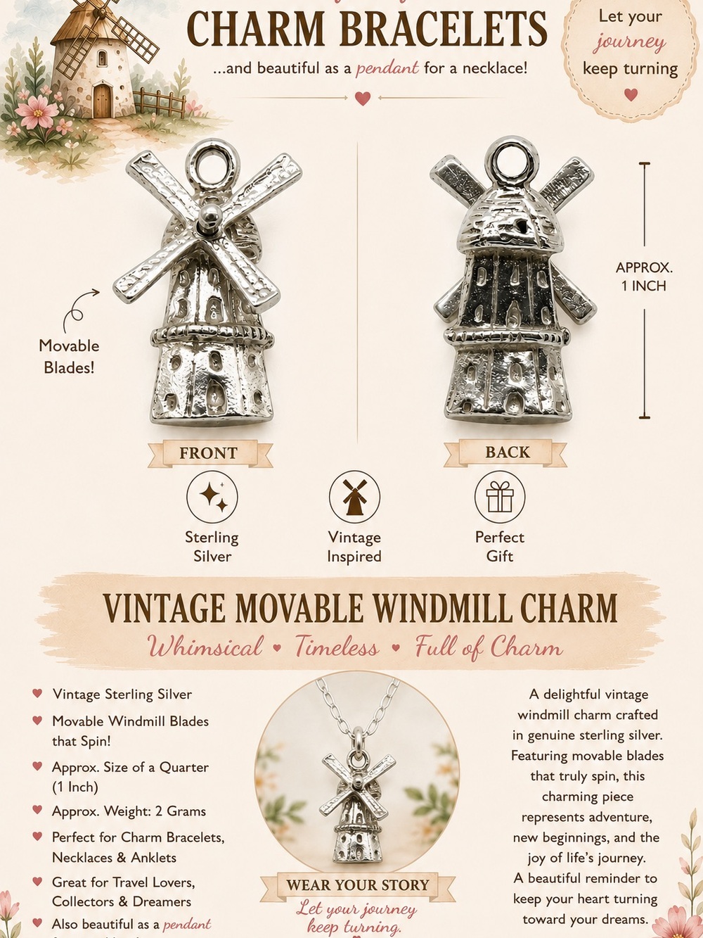 Vintage Movable Windmill Charm Sterling Silver